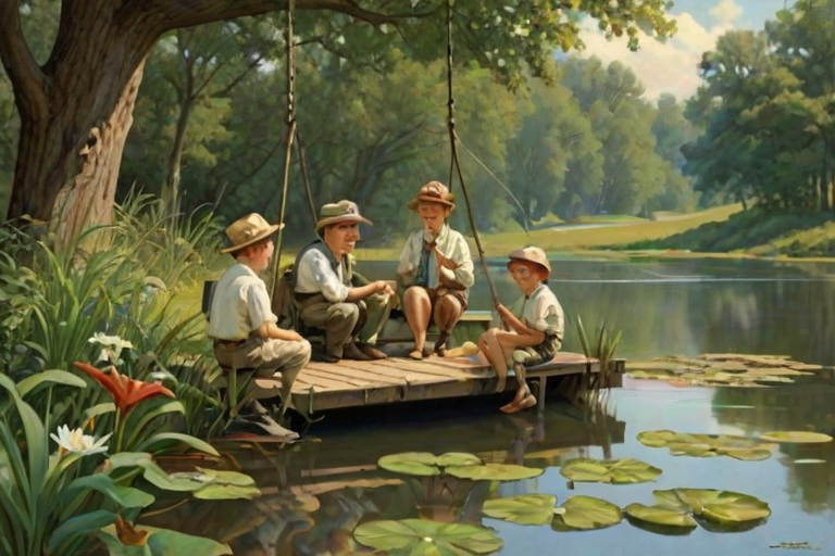 Imagine a small group of old fashioned young boys out fishing by the creek, a swing hanging from a tree branch, reeds and grasses by the water's edge, a frog sitting on a lily pad, dragonflies hovering over som water plans, a very iconic old fashioned scene reminiscent of a Norman Rockwell painting style