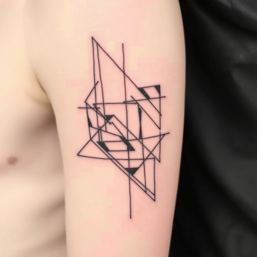 Abstract geometric tattoo featuring interconnected shapes and lines in varying thicknesses, creating a modern and dynamic composition that flows with the contours of the bicep