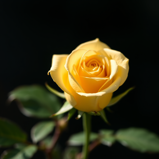 a close-up of a soft yellow rose in full bloom, captured in natural light with a shallow depth of field, using a DSLR camera at f/2.8 aperture, ISO 100, 50mm lens, and a slight tilt to create a dynamic composition with a blurred dark background