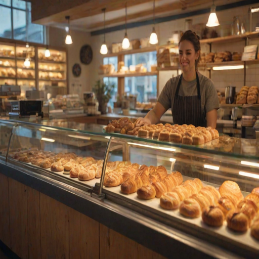 Warmly lit photo of a small bakery at dawn, soft light from the rising sun reflecting off glass cases filled with pastries, and a barista behind the counter blurred in motion.
