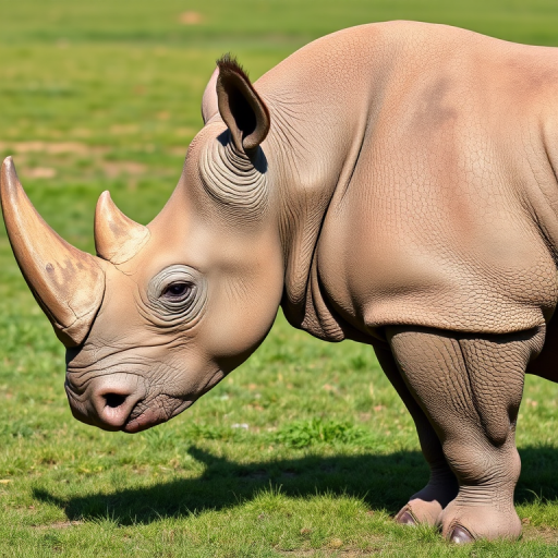 Create a high-resolution illustration of a side profile of a rhinoceros standing on grass, with intricate details in its skin texture, using a DSLR camera set to f/8 aperture, 1/200 shutter speed, ISO 200, with a telephoto lens at 100mm focal length, in natural daylight for optimal lighting and shadow detail.