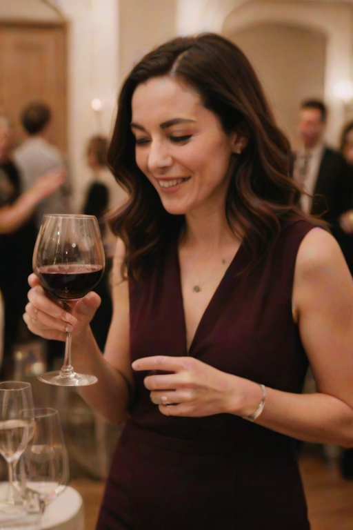 Blurry candid shot of a woman at a wine tasting event, swirling a glass of red wine, with elegantly set tables and other guests enjoying the ambiance in the background.