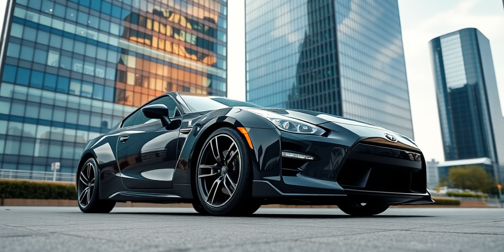 high-resolution image of a sleek black sports car parked in front of modern glass skyscrapers, taken with a DSLR camera, 24mm lens, f/2.8 aperture, ISO 100, natural daylight, sharp focus, vibrant colors, low angle view