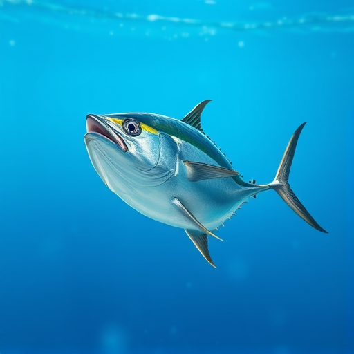 Create a high-resolution illustration of a tuna swimming in clear blue water, using a Canon EOS R5 camera with a 50mm f/1.2 lens, setting the aperture to f/8, shutter speed at 1/1000 sec, and ISO 200, capturing a vibrant and detailed view with a focus on the fish and its fins, in a natural and realistic style.