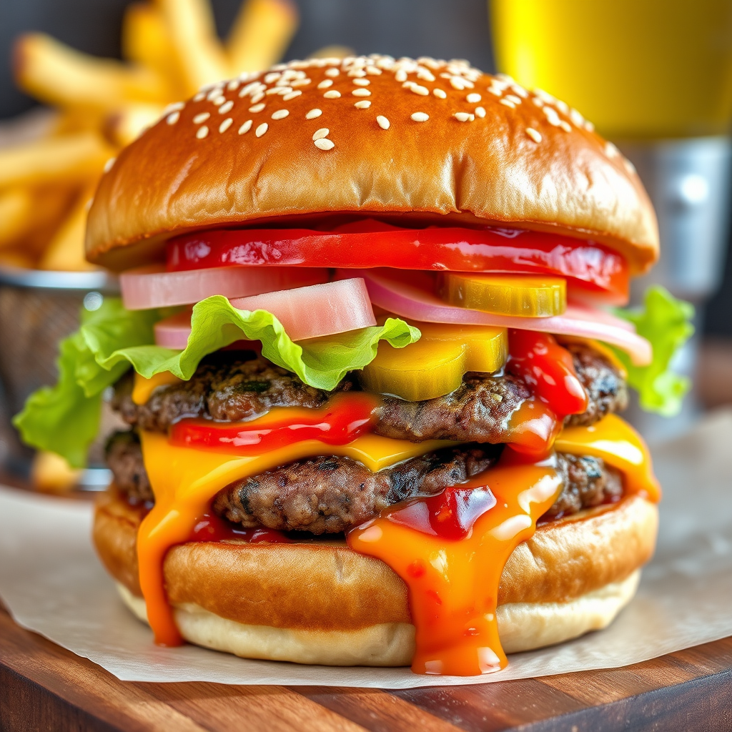 High-resolution, close-up image of a gourmet double cheeseburger. The burger features a glossy, sesame-seed-topped brioche bun. Inside, there are two thick, juicy beef patties, each topped with melted cheddar cheese. The burger is garnished with fresh lettuce, tomato slices, diced onions, and pickles. A generous amount of ketchup and a creamy, orange-colored sauce is dripping down the sides, adding to the mouth-watering appeal. In the background, there are blurred elements including a side of golden French fries and a hint of a beverage, enhancing the overall presentation of a delicious meal.