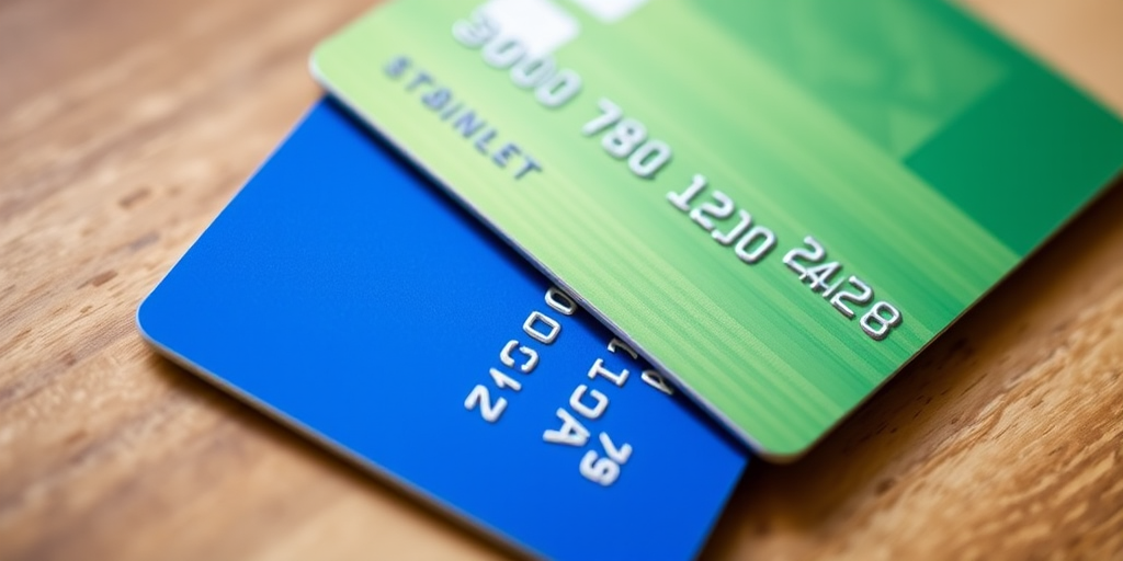 Generate a high-resolution image of two credit cards overlapping, showcasing a blue card and a green card with a brushed metal texture, sharp focus, 50mm lens, f/2.8 aperture, ISO 100, natural light, 45-degree angle view.