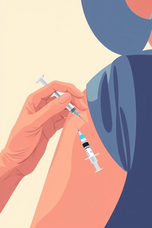 Create a vector illustration of a person receiving a vaccination, with a close-up view focusing on the syringe and arm, using soft lighting, 300 DPI, and a minimalist style for clarity and emphasis on the subject.