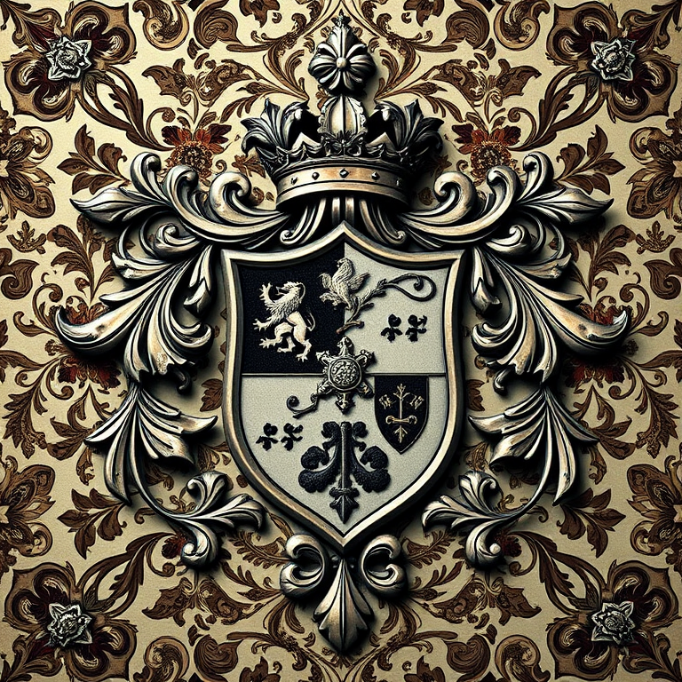 Design a vintage heraldic crest with intricate floral and abstract patterns in the background, using a Canon EOS R5 with a 50mm f/1.2 lens, aperture set to f/4 for depth of field, ISO 100 for clarity, and a soft, diffused lighting setup to enhance details and textures.