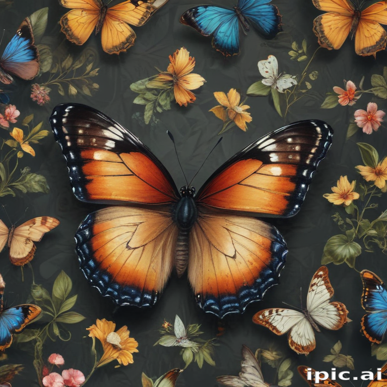 Colorful Butterflies Surrounded by Vibrant Flowers on a Dark Background