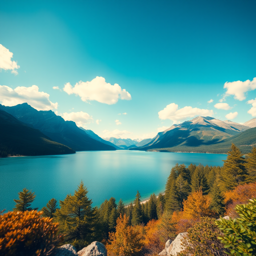 Generate a vivid landscape of a serene lake surrounded by mountains under a clear blue sky with fluffy clouds, captured using a DSLR camera with a 24mm lens at f/8, ISO 100, and a shutter speed of 1/250 sec from a low angle perspective to enhance the depth and colors of the scene.