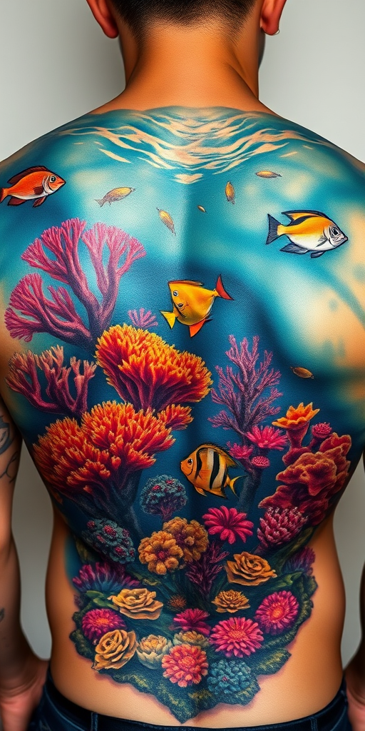 Stunning realism tattoo on the back, depicting a lifelike underwater scene with colorful coral reefs and tropical fish, employing hyper-realistic shading and color blending for an incredibly detailed result