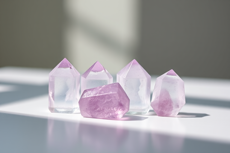 Create a high-resolution image of four lavender quartz crystals arranged aesthetically on a smooth white surface, using a macro lens, f/2.8 aperture, 50mm focal length, 1/250 sec shutter speed, natural soft lighting from the side, captured with a DSLR camera.
