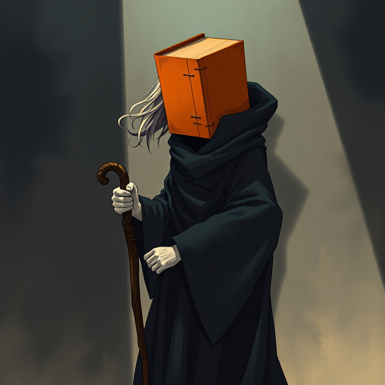 Create an illustration of a mysterious figure with an orange book for a head, wearing a dark robe and holding a cane, with flowing hair and a shadow cast on a dimly lit background, captured in high resolution, focal length 50mm, aperture f/2.8, ISO 100, with a soft focus effect to enhance depth and atmosphere.