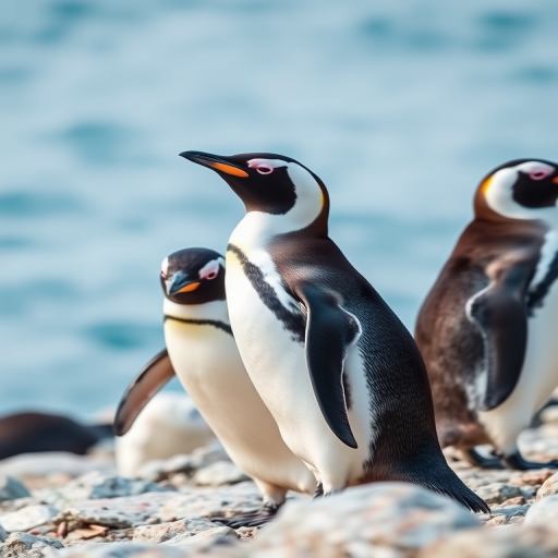 generate an image of two penguins standing on a rocky shore with a soft blue ocean background, DSLR camera with a 50mm lens, aperture set to f/2.8, shutter speed 1/250 sec, ISO 100, natural lighting, shallow depth of field, vibrant colors
