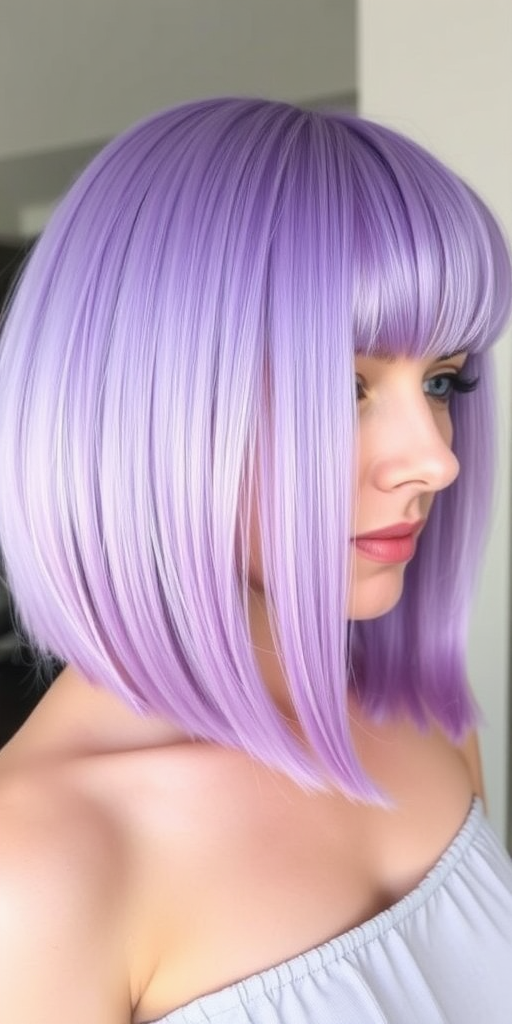 Enchanting pastel lavender bob with blunt bangs, named "Twilight Whisper," features a silky smooth finish and delicate purple hues that blend seamlessly