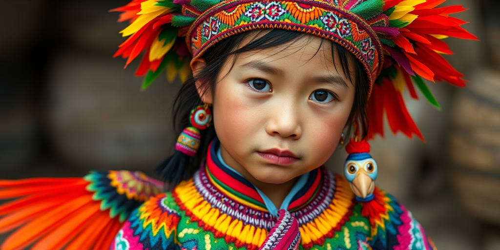 A beautiful Miao girl, wearing colorful bird clothing with vibrant colors