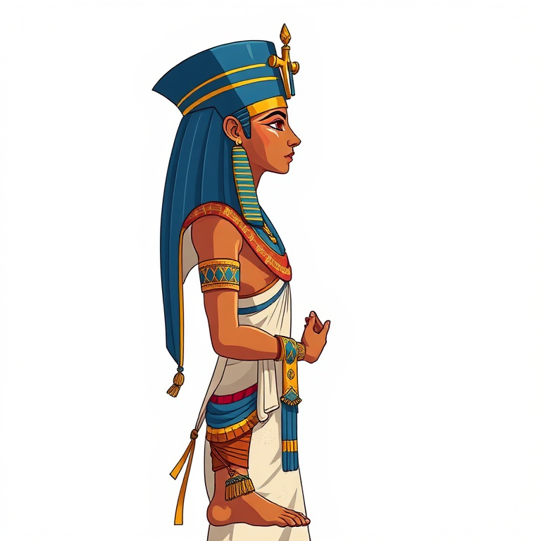 Create an illustration of an ancient Egyptian figure standing in profile, showcasing traditional attire and accessories, in vibrant colors with intricate patterns, using a DSLR camera with a 50mm lens, aperture set to f/1.8, ISO 100, natural light, in high resolution.