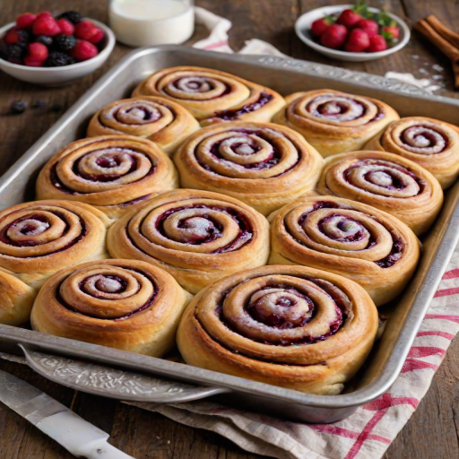 Create an image of freshly baked cinnamon rolls, swirled with a rich berry filling and topped with a dusting of powdered sugar. The rolls should be golden brown and fluffy, arranged neatly on a baking tray with a rustic background.