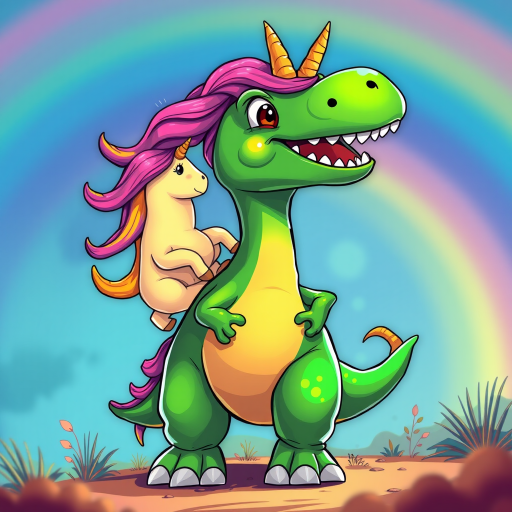 Create a vibrant, detailed illustration of a green dinosaur with a friendly expression carrying a colorful unicorn on its back, using a high-resolution digital art style with a focus on bright colors and cartoonish features, shot from a low angle to enhance the sense of height and playfulness, using a Canon EOS R5 with a 50mm lens at f/2.8, ISO 100, and a shutter speed of 1/200s.