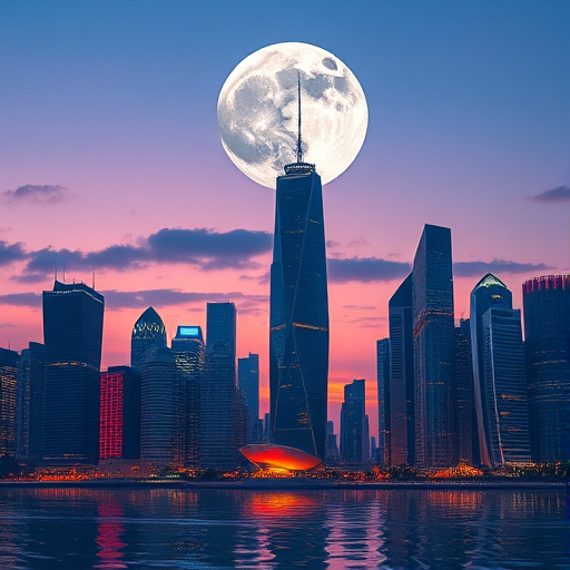 futuristic cityscape with towering skyscrapers under a twilight sky, large moon looming overhead, vibrant lighting with reflections on water, shot with a DSLR camera at f/8 aperture, ISO 100, 24mm focal length, wide-angle view, high dynamic range style