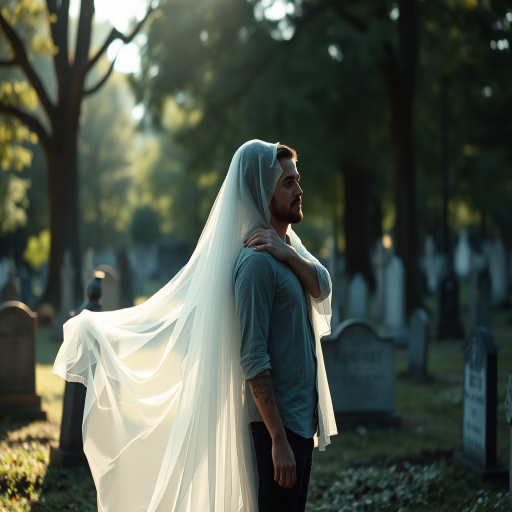 A male figure standing serenely in a graveyard, a translucent ghostly figure embracing him from behind, ethereal light filtering through the trees, shot with a Canon EOS R5, 85mm f/1.2 lens, ISO 100, aperture f/2.0, soft backlighting for a dreamy effect.