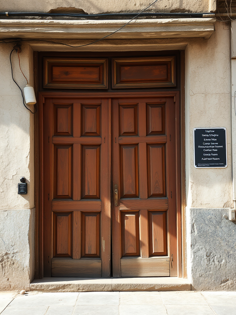 Regenerate a weathered storefront with wooden doors and cracked walls, focusing on details and textures in the surrounding area, using a DSLR camera with a 50mm lens, aperture f/8, ISO 200, shot in natural light from a slightly low angle to enhance depth.