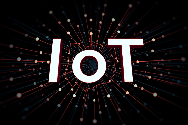 Create a high-resolution digital graphic featuring the letters "IoT" in a modern, sleek font, surrounded by a network of interconnected nodes and lines radiating outward, using a Canon EOS R5 camera at f/8, 1/60s shutter speed, ISO 100, with a macro lens to capture intricate details, in a dark background for contrast, focusing on sharpness and clarity.