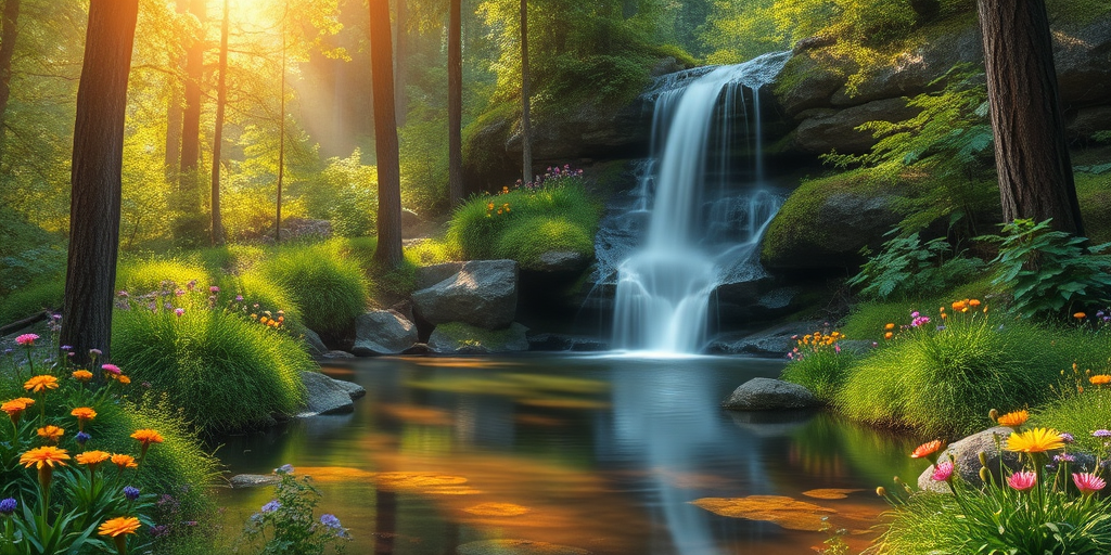 create a serene forest scene with a calm waterfall cascading into a pond surrounded by lush greenery and colorful wildflowers under soft sunlight