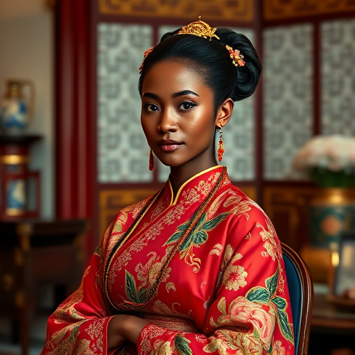 A beautiful Afro-Caribbean woman in traditional East Asian attire, intricately detailed with embroidered patterns, sitting gracefully in a richly decorated room, soft ambient lighting, serene and elegant, ultra-realistic, 8K resolution