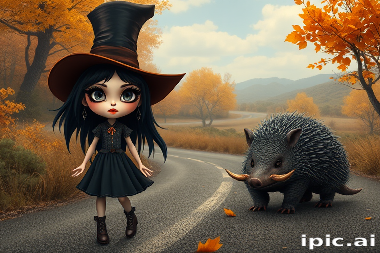 digital art fantasy depicting a strange girl with black hair, long eyelashes, orange lipstick and a tall hat walking along a winding road on an autumn afternoon, an armadillo smiles as he passes