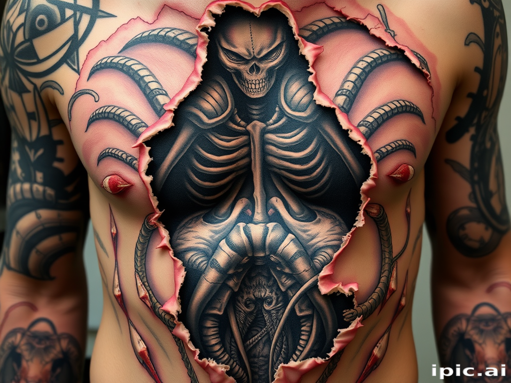 Horror-themed biomechanical tattoo revealing grotesque alien anatomy beneath torn flesh, incorporating elements of H.R. Giger's artwork for a disturbing and fascinating effect