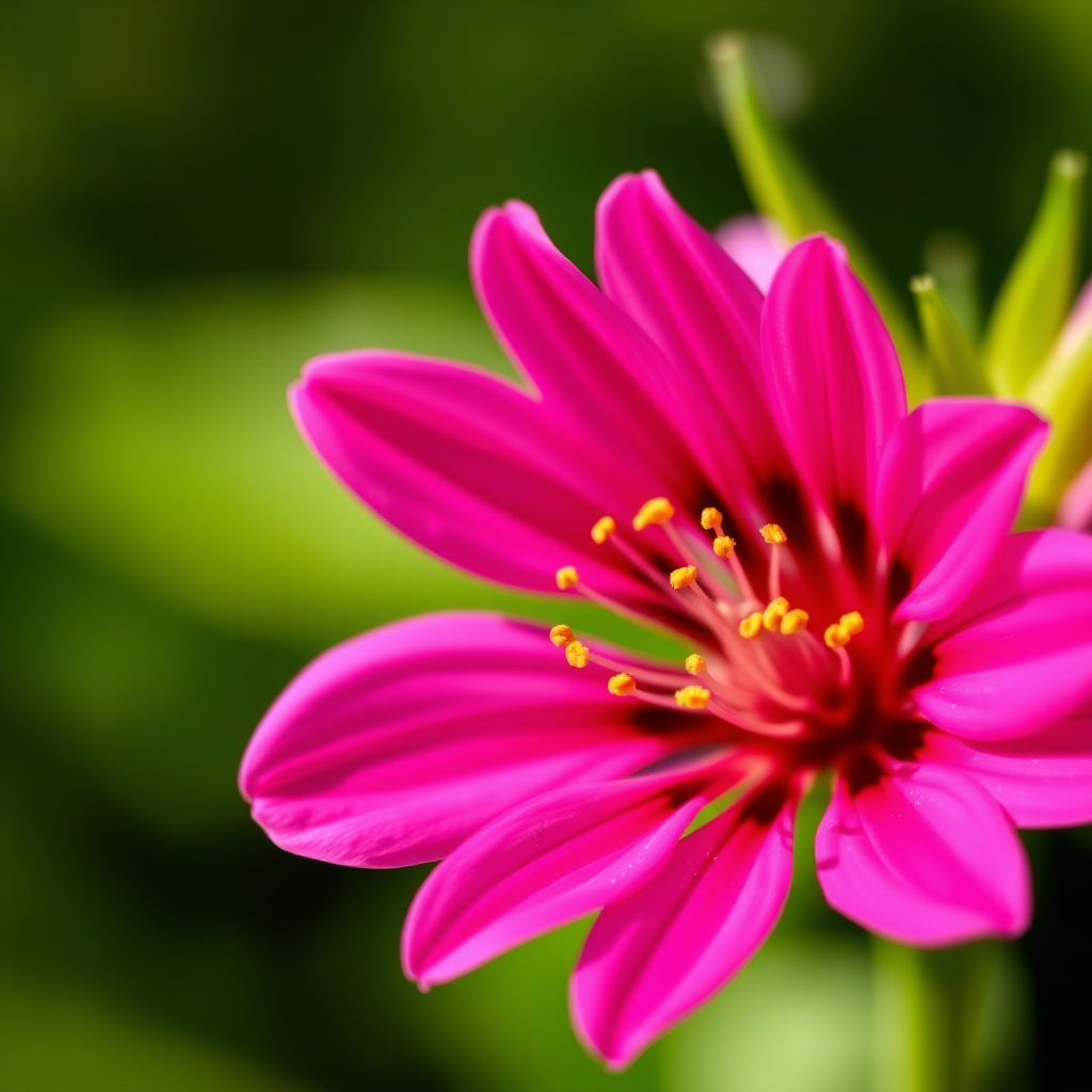 Capture a close-up of a vibrant pink flower against a blurred green background, using a DSLR camera with a 50mm lens, aperture set to f/1.8 for shallow depth of field, ISO 100, and a shutter speed of 1/200s, ensuring a bright and sharp focus on the flower.