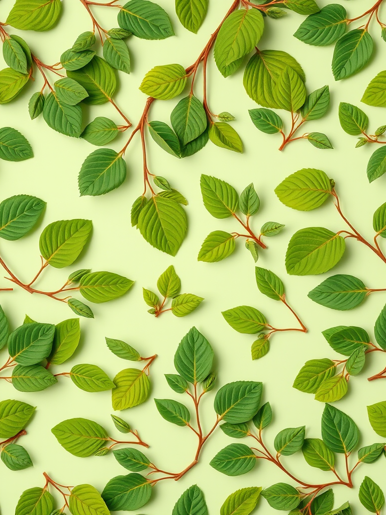 Create a seamless pattern of various green leaves with brown stems on a light green background, using a DSLR camera with a 50mm lens, aperture set to f/8, ISO 100, and a top-down view to enhance clarity and detail.