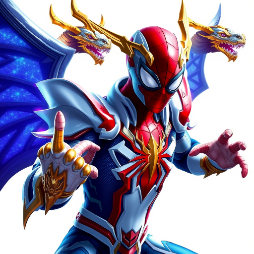 A high-budget, anime-style wallpaper featuring Spiderman in an epic White, blue red Kirin armor. Golden dragon gloves, the gloves is in the shape of dragon heads, Golden dragon head gloves, White glossy eyes, The armor is designed with metallic details that reflect light, showcasing intricate Kirin motifs. Spiderman's armor is a striking gradient of blue, red and white, with Colorful galaxy inner sections, making it look both powerful and sleek. The background is flat white, with Kirin-shaped blue-violet glowing rune relic to give the impression power, striking pose, the Kirin's armor is dominantly in white, with some details in blue and red, Cinematic anime action scene, cinematic action pose, medium shot action portrait, dramatic effect of shadow and light.