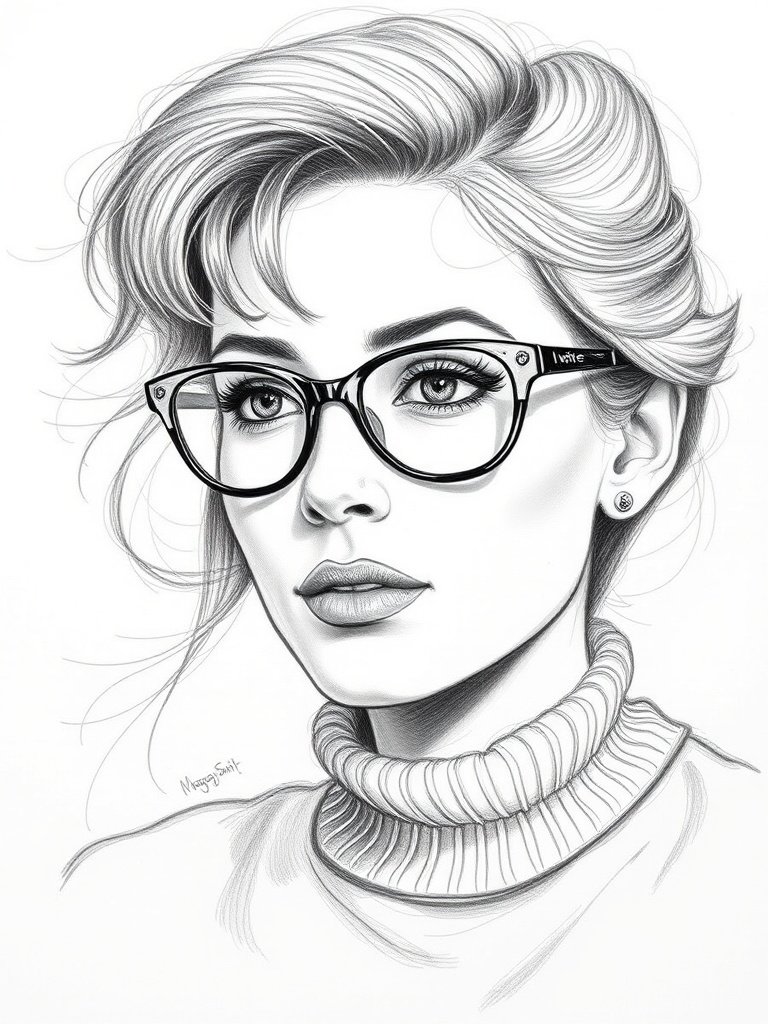 Beautiful Maggie Smith, pencil sketch, portrait of beautiful woman 60s in glasses, hair style beatnik, outline, clear lines, fine lines, 8k