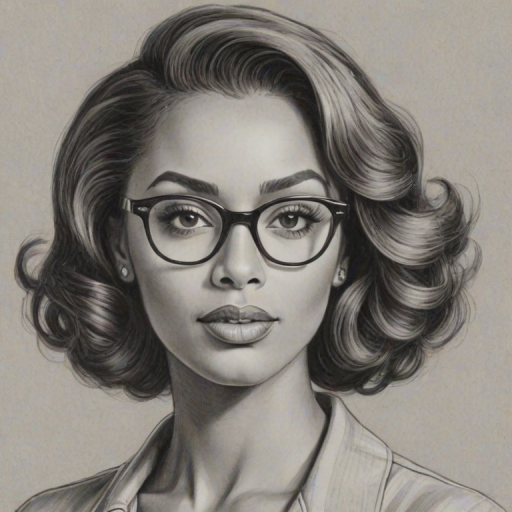 Enticing Keri Hilson, pencil sketch, portrait of Captivating woman 1950s in glasses, hair style beatnik, outline, clear lines, fine lines, 8k