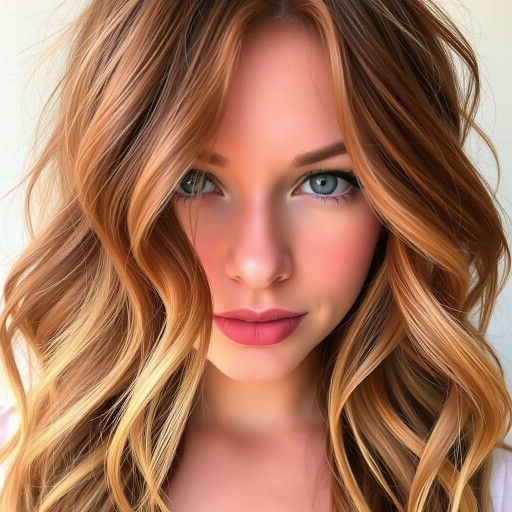 Radiant copper waves cascade down, framing a delicate face with "Sunset Serenade" style, featuring subtle ombre highlights and beachy texture for a carefree yet elegant look