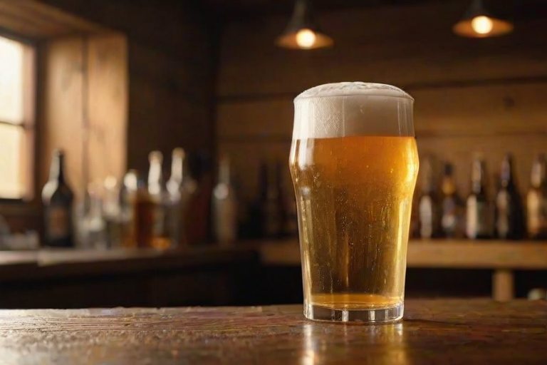 Close-up of a freshly poured pint of beer on a rustic wooden bar, soft golden light illuminating the frothy head, with bottles and glassware softly blurred in the background and a sense of warmth and relaxation.