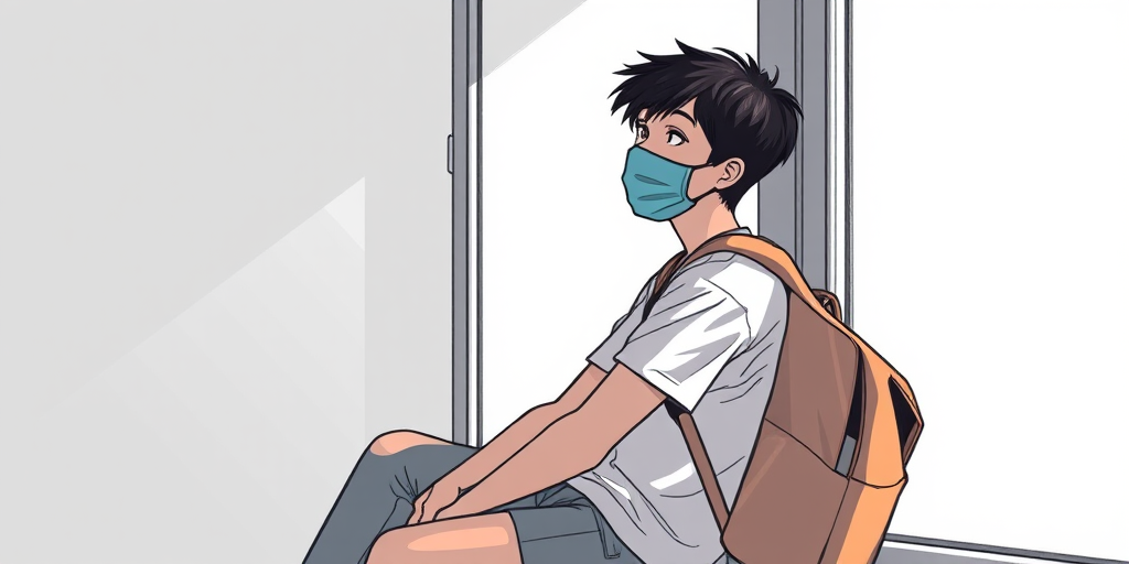 Create an illustration of a young person sitting by a large window, wearing a backpack and a face mask, looking pensive, with natural light streaming in, in a minimalist style, using a digital drawing technique, shot with a Canon EOS R5, 35mm lens, f/8 aperture, ISO 200.