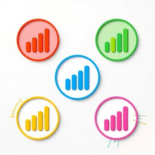 Create a vector-style graphic of five circular icons in red, green, blue, yellow, and pink, each containing a bar graph design, high-resolution, 300 DPI, shot using a digital camera, focused on a flat lay view, with natural lighting to enhance colors.