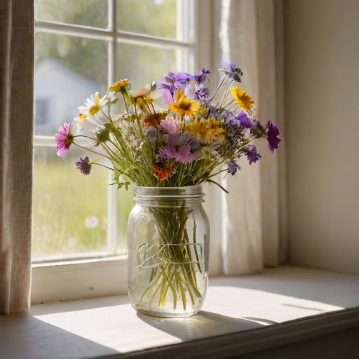 Softly focused close-up of a bouquet of wildflowers in a mason jar on a windowsill, soft sunlight streaming through sheer curtains, with delicate petals and vibrant colors gently illuminated by the warm light.