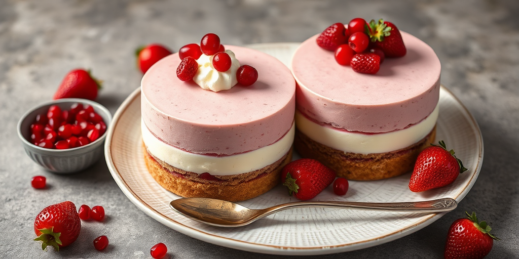 A beautiful dessert display featuring two round layered cakes with a pink berry mousse top and a creamy white bottom layer sitting on a plate with a textured edge. The cakes are garnished with fresh strawberries, a dollop of whipped cream, and red currants. Around the plate are scattered strawberries and a small bowl of pomegranate seeds, along with a vintage silver spoon placed beside the plate, creating an inviting and elegant presentation.