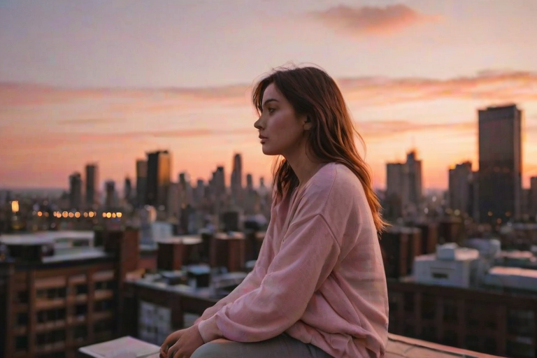 Softly focused photo of a young woman sitting on a rooftop at sunset, overlooking a bustling city skyline, with a soft glow of orange and pink hues in the sky.