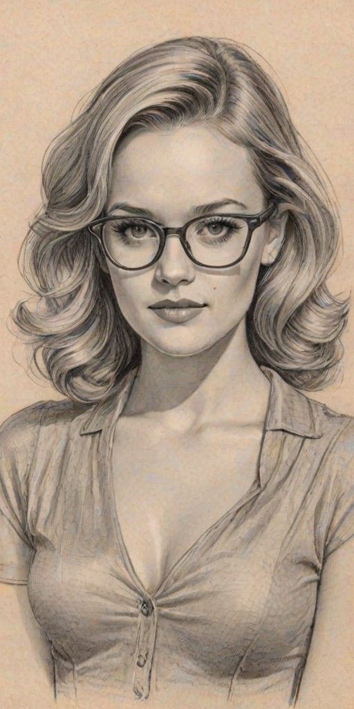 Attractive Ambyr Childers, pencil sketch, portrait of Resplendent woman 1939s in glasses, hair style beatnik, outline, clear lines, fine lines, 8k