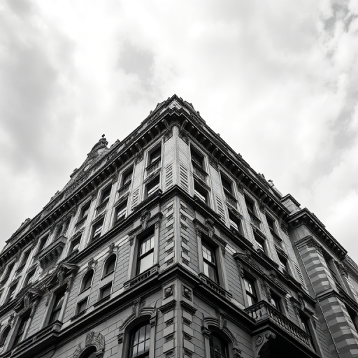 high-angle shot of a historic building with intricate architectural details under a cloudy sky, taken with a Canon EOS R5, 24mm lens, aperture f/8, ISO 200, shutter speed 1/250s, in black and white for dramatic effect