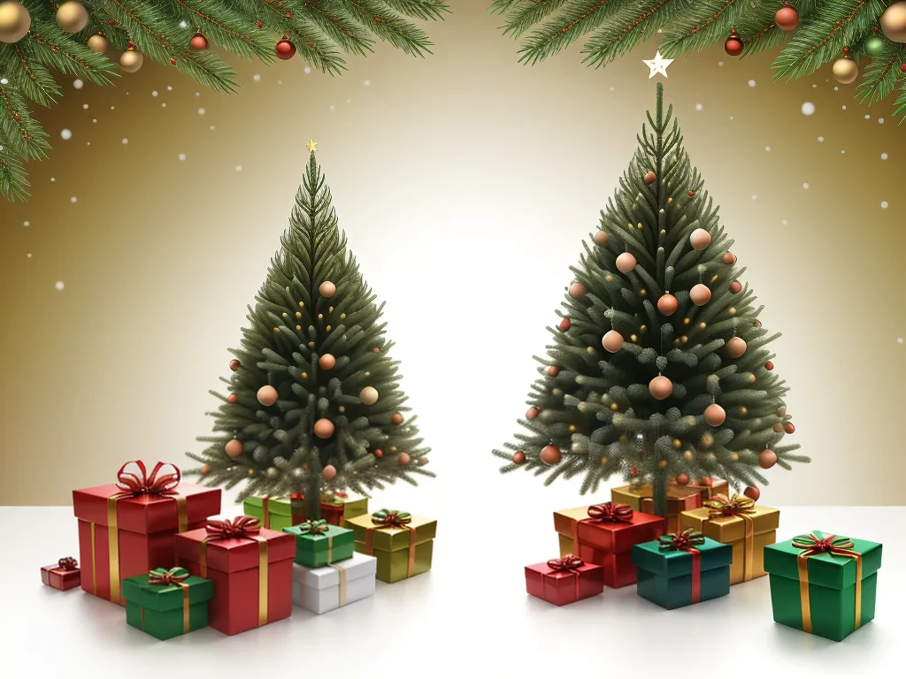 Festive Holiday Scene Featuring Two Christmas Trees and Colorful Presents