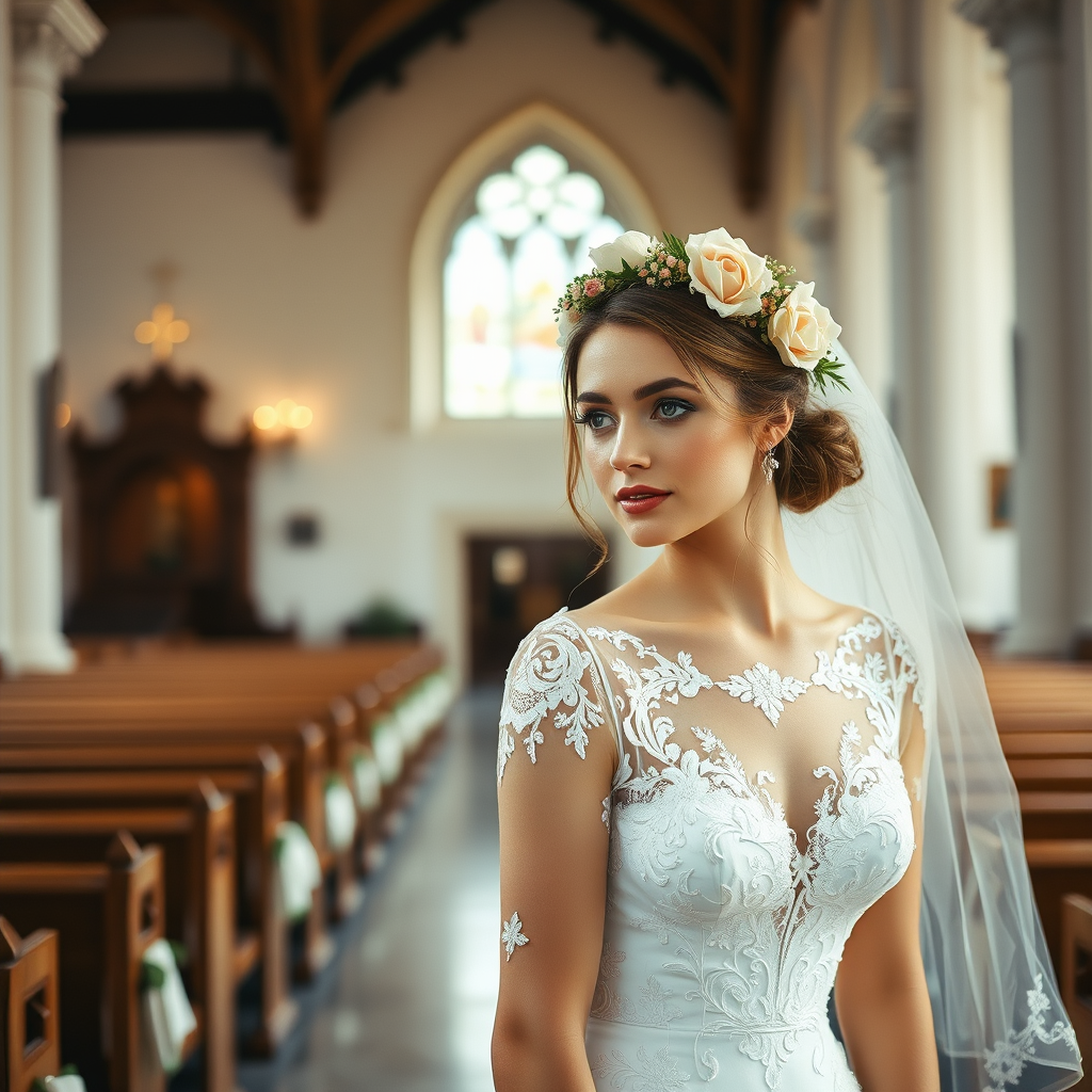 church scene, bridal model, delicate lace gown, floral headpiece, soft romantic focus, high-key lighting and an 85mm lens for soft, even tones that highlight the model’s face and bright outfit against a white or light background