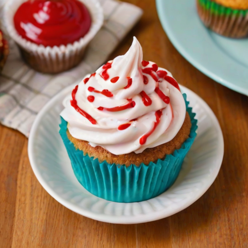 Generate an image of a delicious cupcake with a creamy frosting on top, featuring a gooey filling that oozes out from the center. The cupcake should have a light, fluffy texture and be adorned with a drizzle of vibrant sauce. The setting should be bright and inviting, with a simple plate underneath to highlight the treat.