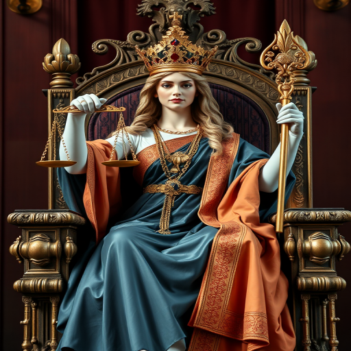 A regal figure holding scales and a scepter seated on a throne, captured with a Canon EOS 5D Mark IV, 50mm lens, f/1.8 aperture, ISO 100, natural lighting, high resolution, detailed texture and contrast.