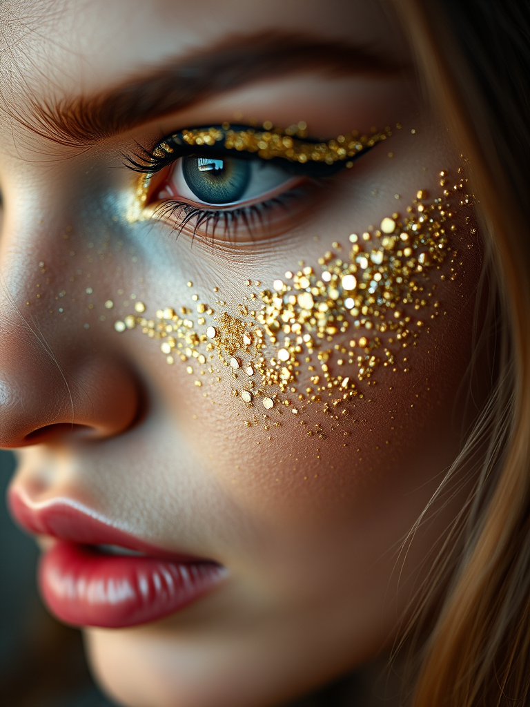 close-up portrait of a woman with artistic makeup featuring gold glitter and crystals on her face, shallow depth of field, ISO 100, f/2.8, 85mm lens, natural light photography, macro camera type, focus on eyes and texture details.